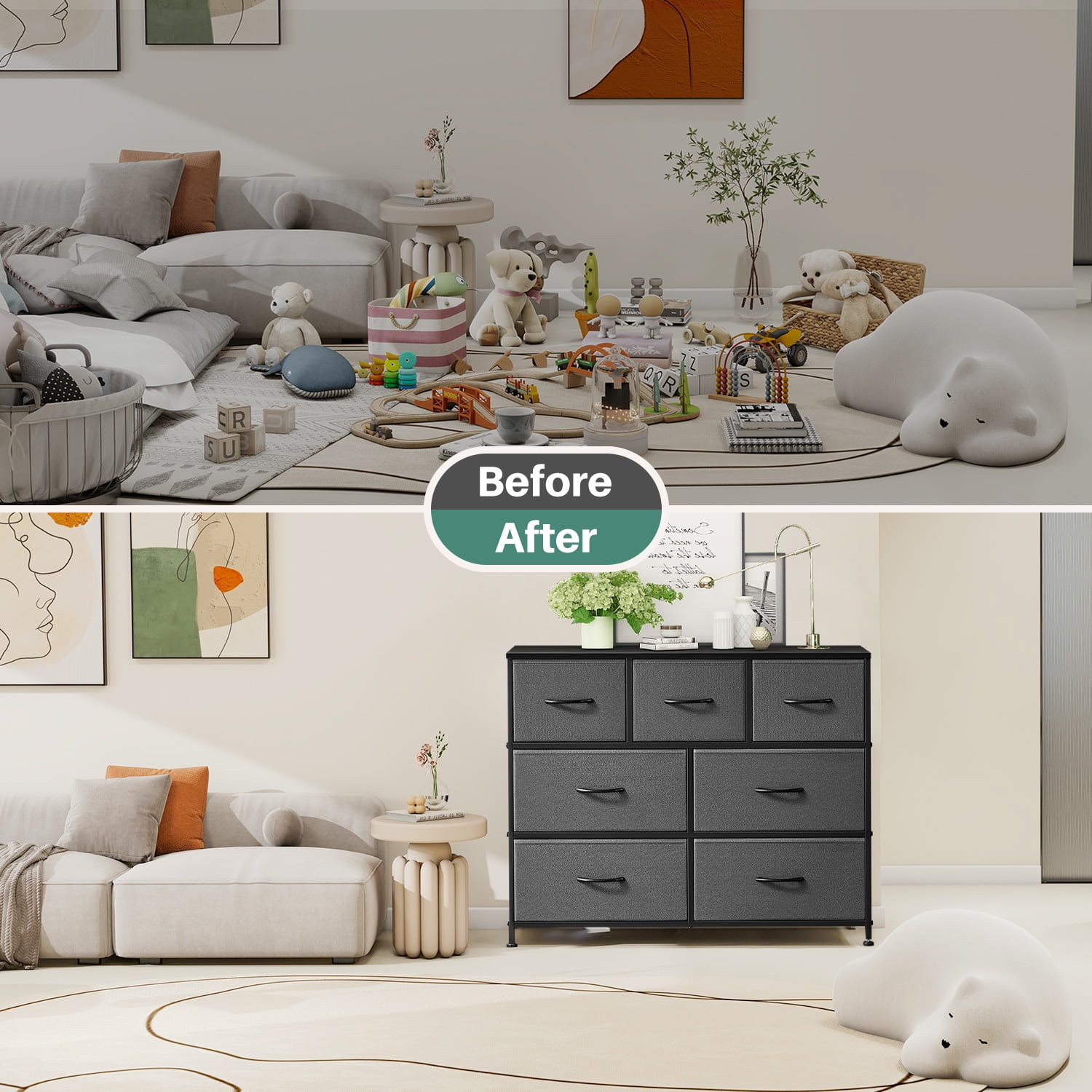 TINKLE WELL Wide 7 Drawer Fabric Dresser, Soft Storage Unit with Bins for Clothes, Toys, Linens, Fits Bedroom, Living Room, Hallway, Grey