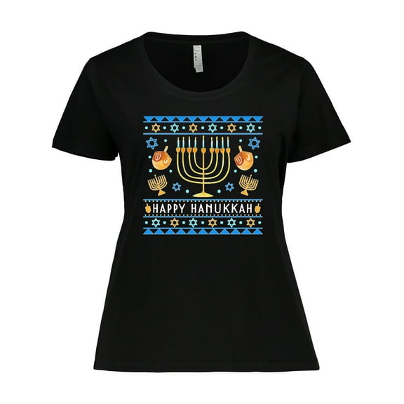 Inktastic Happy Hanukkah Sweater Style Design with Menorah and Dreidel Women's Plus Size T-Shirt