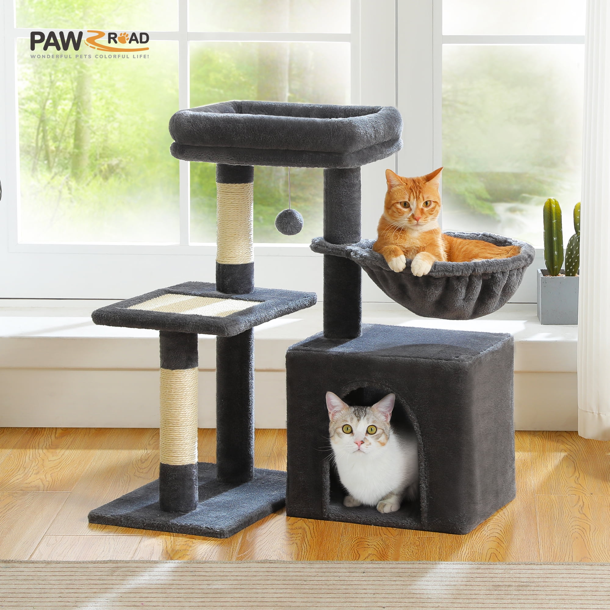 PAWZ Road 28" Small Cat Tree Tower Condo with Perch, Scratching Post for Indoor Cats, Dark Gray