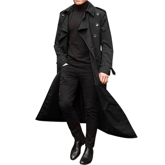 Trench Coat for Men Double Breasted Autumn Winter wide Lapel Long Trenchcoats Long Sleeve Fshion Elegant Windbreaker Jacket Overcoat Black S