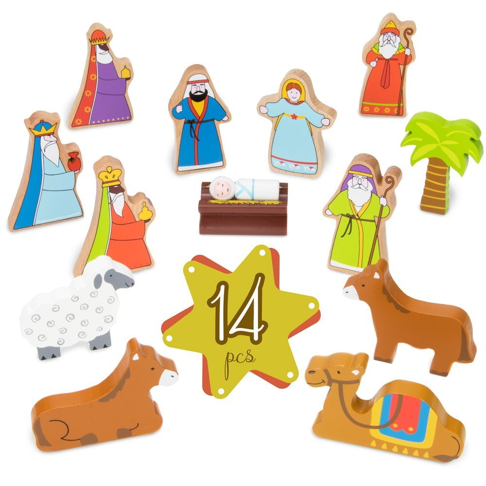 O Holy Night Wooden Nativity Set Three Wise Men 14-piece Christmas Holiday Traditional Nativity Playset with The Holy Family and Manger by Imagination Generation Animals