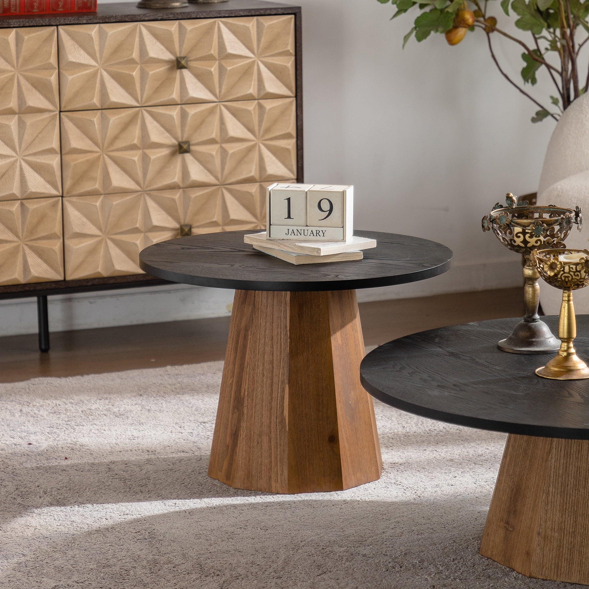 Leumius Round Coffee Table Sturdy Pedestal Wooden Tea Table for Living Room Apartment Easy to Assemble Black 2