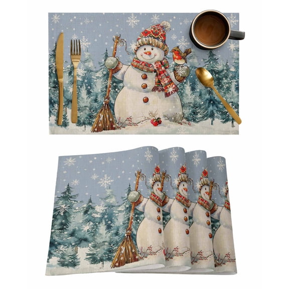 Placemats Set of 4, Blue Snowman Christmas Woven Placemat, Linen Place Mats for Kitchen/Dining Tables, Winter Snowflake Tree Xmas Washable Table Mats for Party