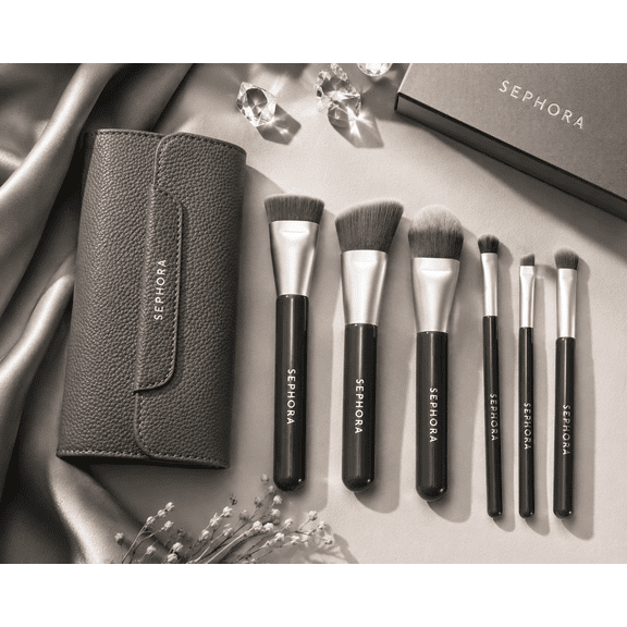 Sephora Collection Deluxe 6-Piece Makeup Brush Set with Faux Leather Brush Case – Premium Synthetic Face & Eye Brushes for Foundation, Concealer, Contour, Eyeshadow & Eyeliner