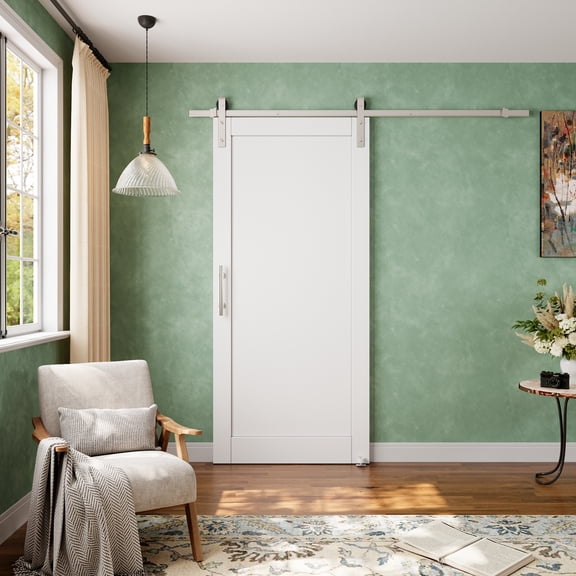 36" x 80" 1-Lite White Primed Solid Core Manufactured Wood With Nickel-Plated Installation Hardware Kit Sliding Barn Door(No Assembly Required)