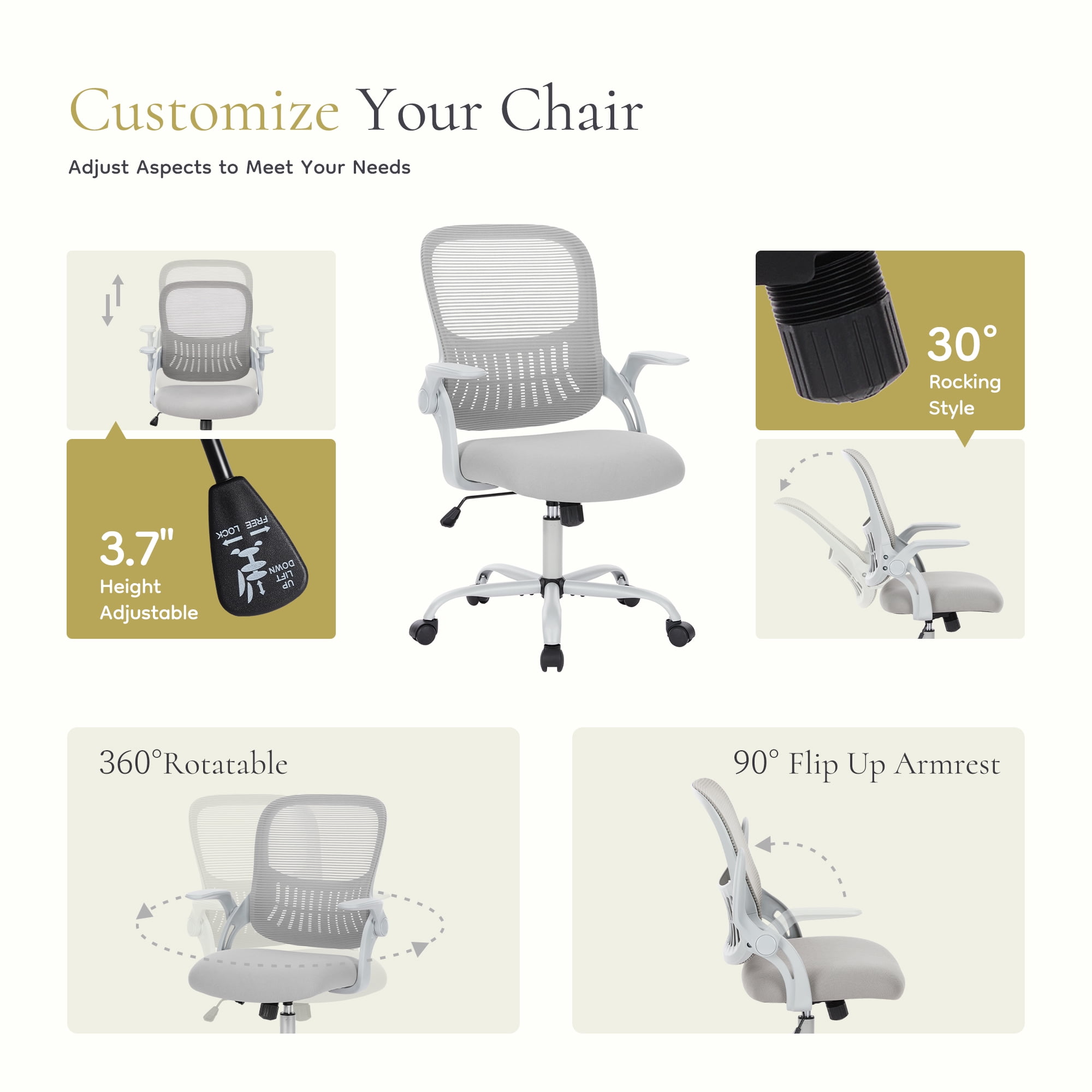 JOINSUN Office Chair with Adjustable and Flip-up Armrest, Ergonomic Mesh Desk Chair with Lumbar Support, Grey