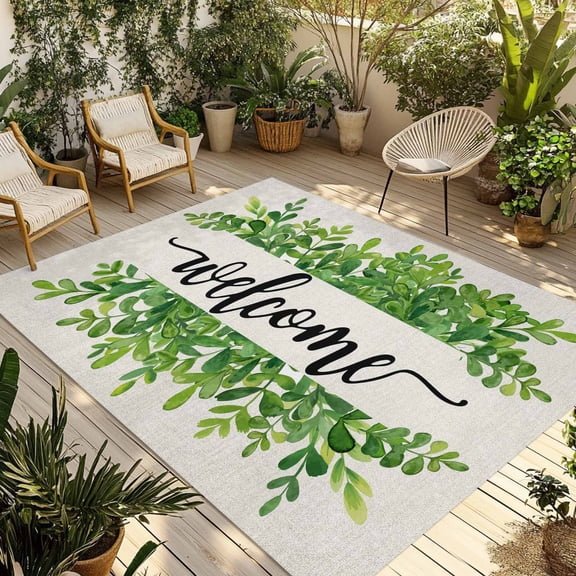 Green Leaves Outdoor Rug 4x6 Ft - Reversible Patio Rug Outdoor Camping Rugs, Spring Summer Farmhouse Watercolor Plant Beige Indoor Outdoor Area Rugs, Non-Slip Outdoor Carpet Runner for Deck/Porch