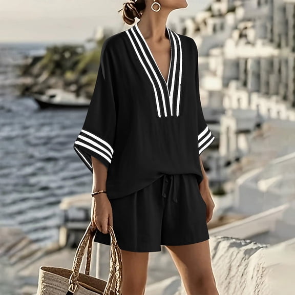 Women's Two-Piece Shorts Set Three-Quarter Length Sleeve V Neck Striped Vacation Daily Casual Outdoor Summer Loose Set
