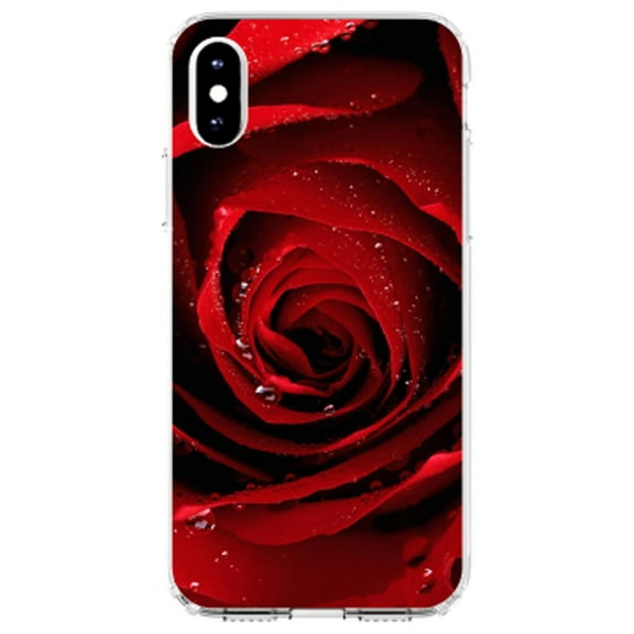 DistinctInk Clear Shockproof Hybrid Case for iPhone XR (6.1" Screen) - TPU Bumper, Acrylic Back, Tempered Glass Screen Protector - Dew Covered Red Rose