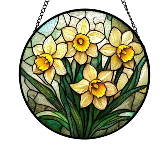 Stained Glass Window Hanging Daffodil Colored Glass Art for Home