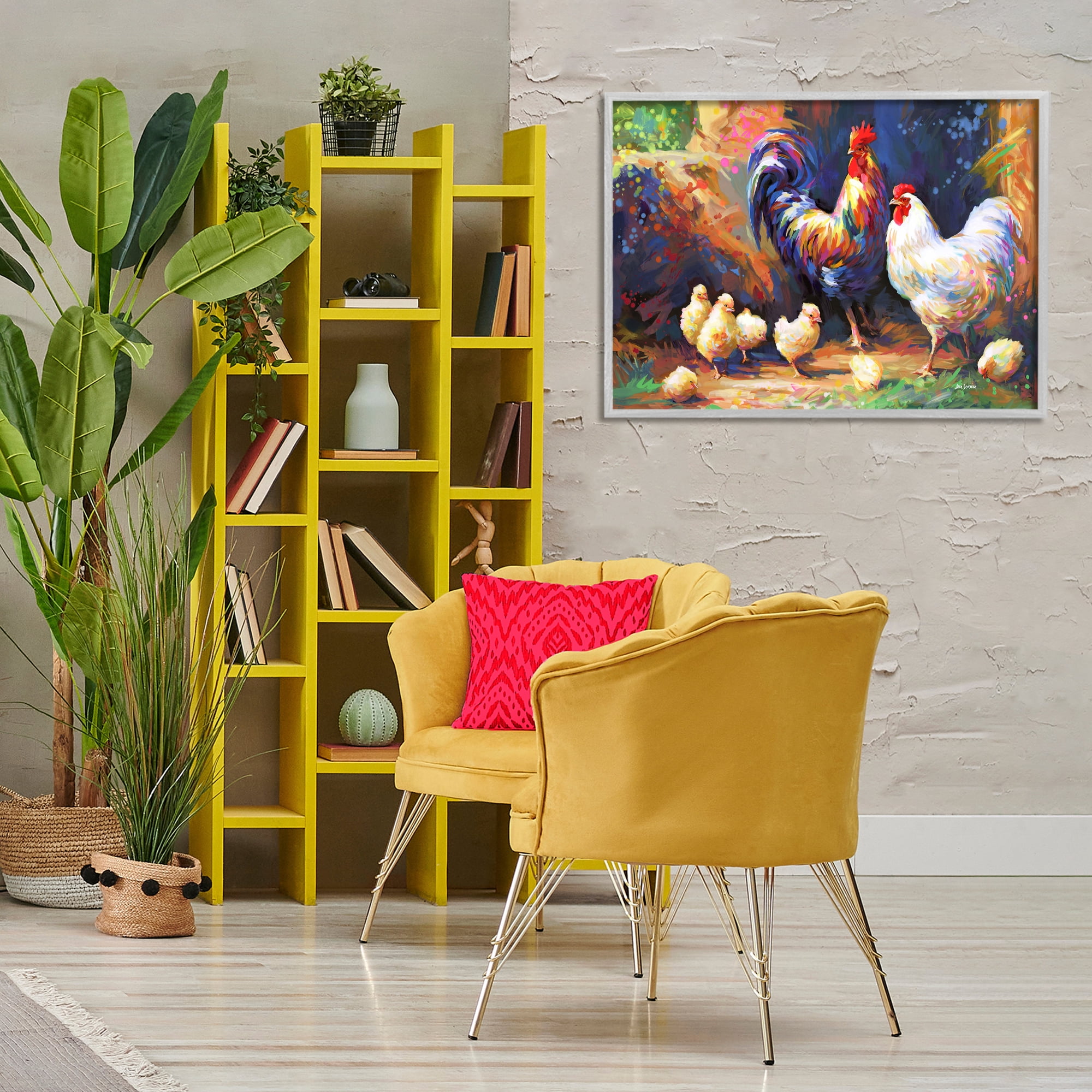 Stupell Industries Chicken Family Paint Splatter Animals & Insects Painting Gray Framed Art Print Wall Art, 30 x 20