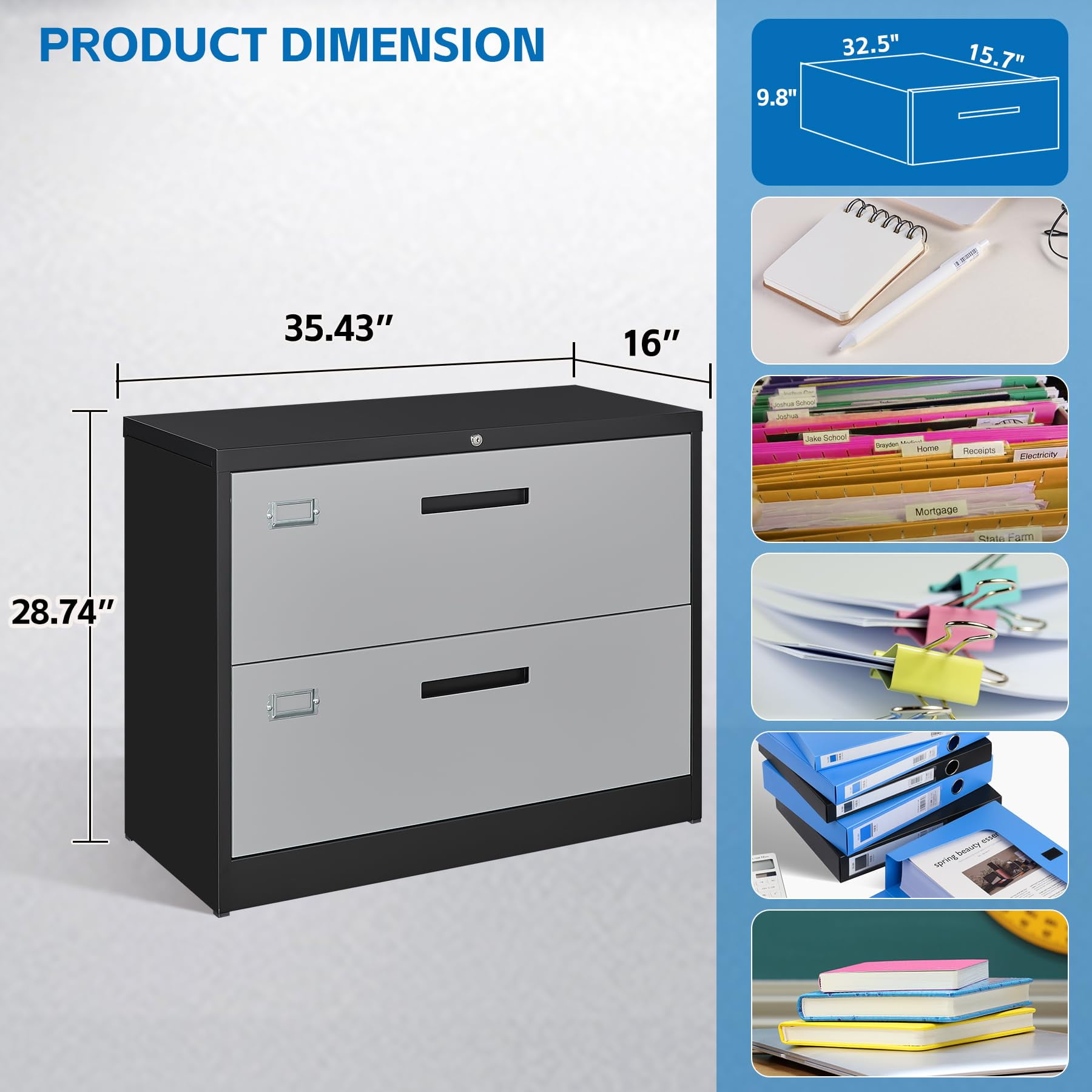 STANI 2 Drawer Lateral File Cabinet Metal Filing Cabinet with Lock Office Home Lateral File Cabinet for A4 Legal/Letter Size File Cabinet Locked,Assembly Required
