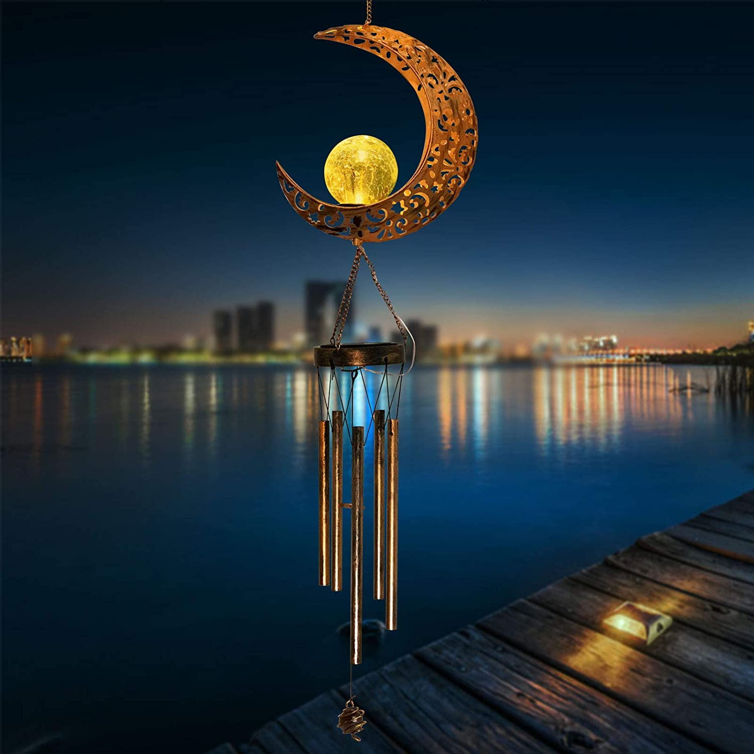 Moon Crackle Glass Ball Wind Chimes Solar Wind Chimes Moon Decor for Outside Outdoor Clearance Gardening Gifts Birthday Gifts for mom for Women Grandma giftsChristmas Decorations Christmas Light