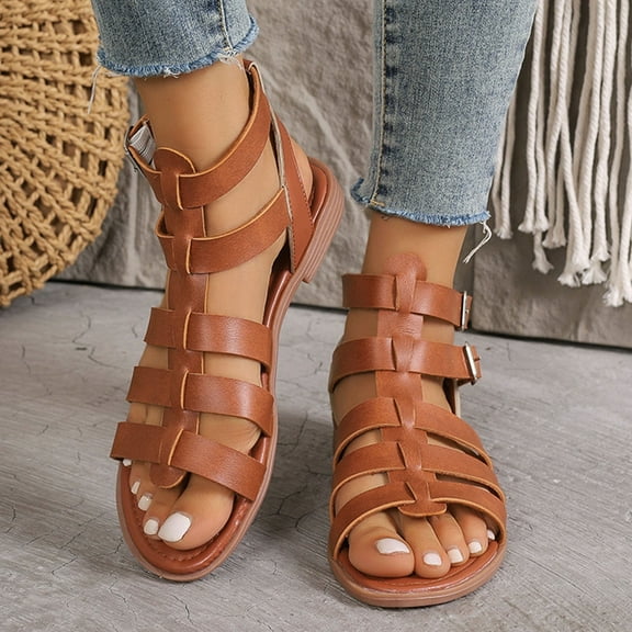 Hoshose New Casual Flat Sandals for Women Solid Color Hollow out Non Slip Summer Fashion Dressy Women Sandals Outwear