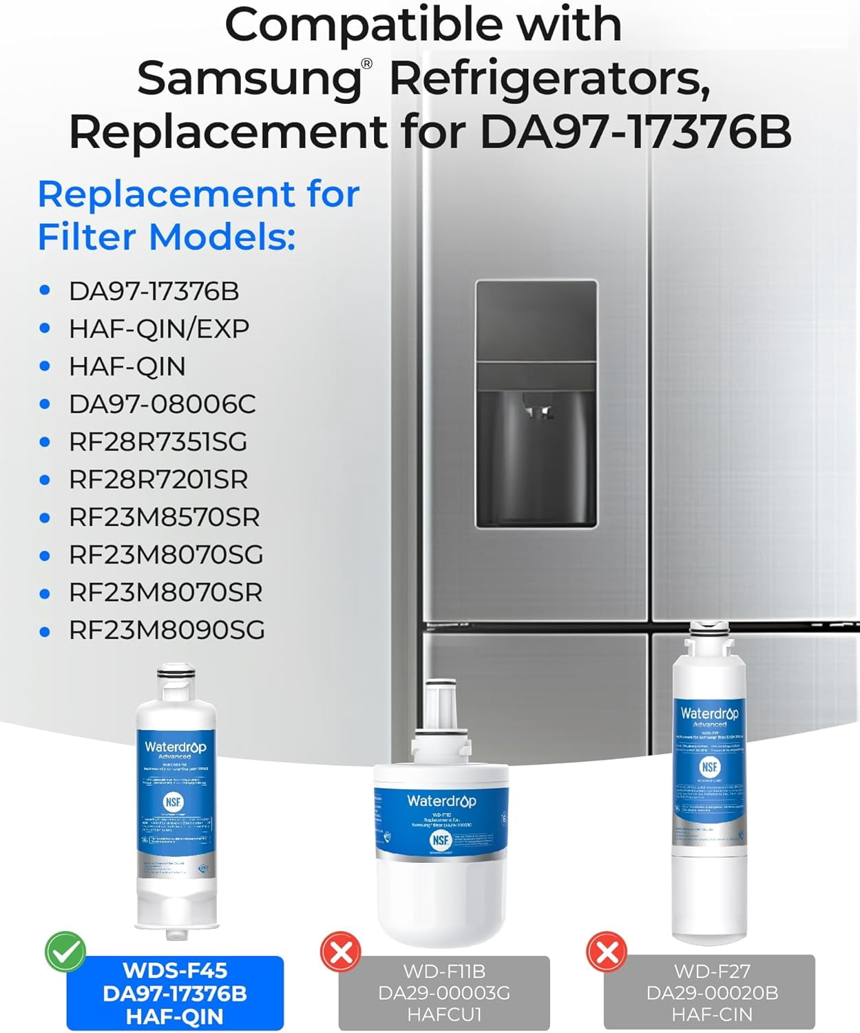 Waterdrop WDS-F45 Replacement for Samsung® DA97-17376B, HAF-QIN/EXP, DA97-08006C, RF28R7351SG, RF23M8570SR, NSF 53&42 Certified Refrigerator Water Filter, 3 Pack (Packaging May Vary)