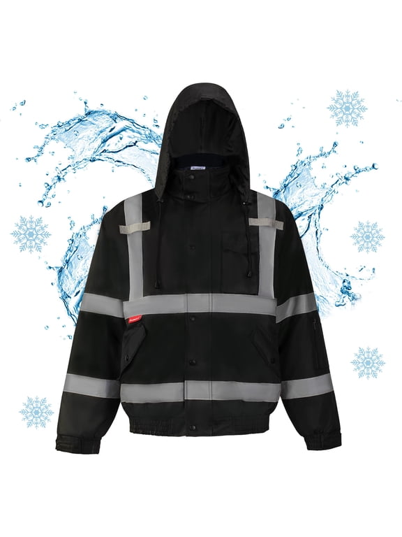 High Visibility Safety Waterproof Bomber Jacket for Women Men, Hi Vis Reflective Winter Construction Jacket, Black, Medium