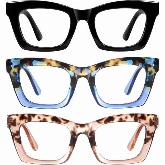 Oprah Style Reading Glasses 3 Pack Blue Light Blocking Square Fashion Readers with Spring Hinge Computer Eyeglasses for Women High Quality Adjustable Daily Handy