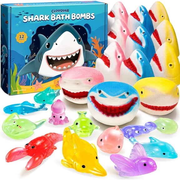 Shark Bath Bombs for Kids with Surprise Inside – 12 Pack Handmade Natural Clean Shower Bombs with Glow-In-The-Dark Ocean Toys, Great Christmas, Holiday & Birthday Gift for Boys Girls Kids Toddlers