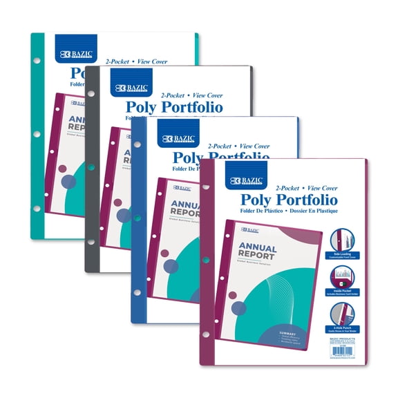 BAZIC Products 2 Pocket Poly Portfolio Folder, Plastic View Cover 3-Hole Punch, 4 Colors, Set of 4