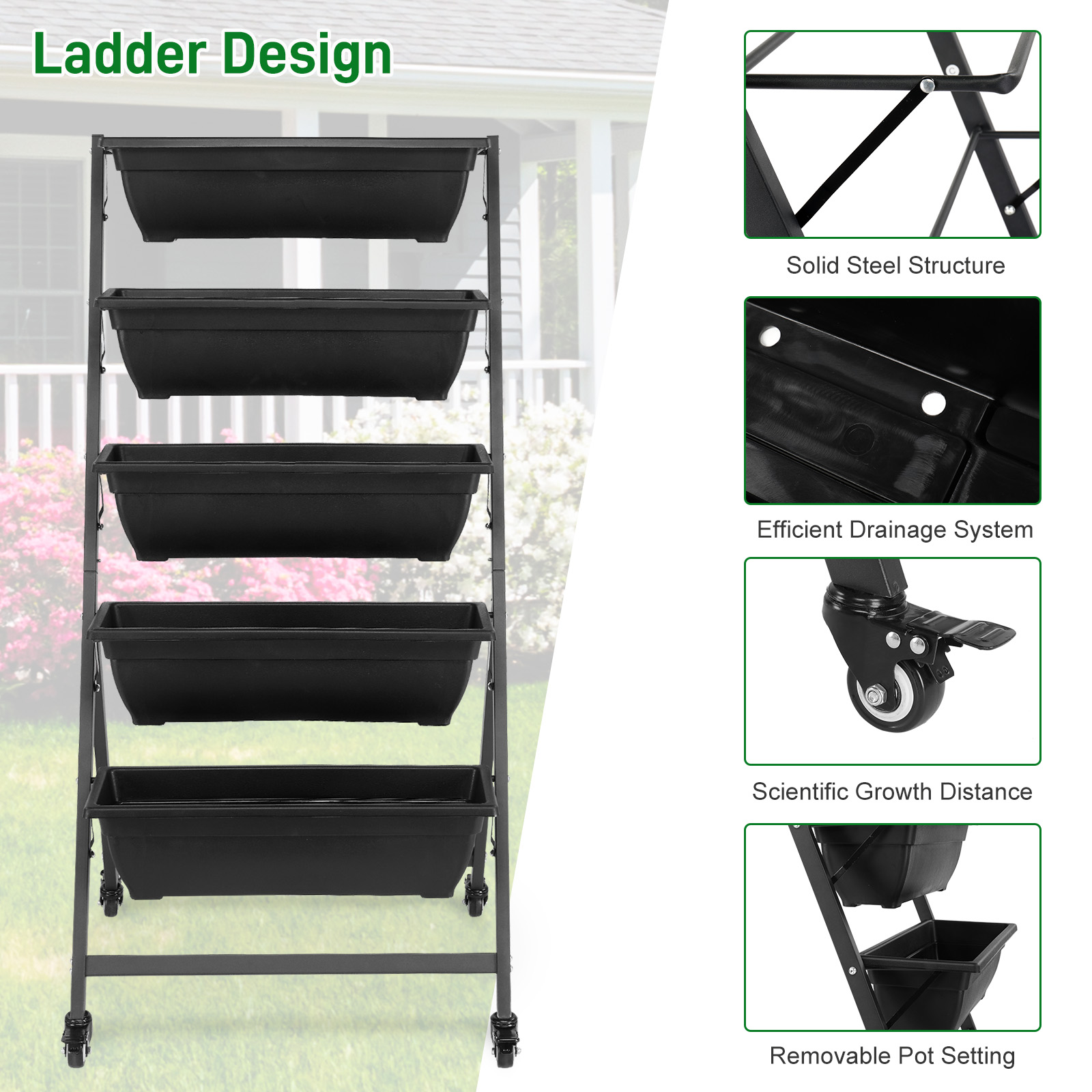 Ktaxon 5-Tier Vertical Garden Bed with Wheels, Freestanding Elevated Planter Box with Drain Holes for Vegetables & Herbs
