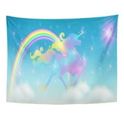ZEALGNED Rainbow in The Clouds Sky and Galloping Unicorn Luxurious Winding Mane Against Iridescent Universe Wall Art Hanging Tapestry Home Decor for Living Room Bedroom Dorm 60x80 inch