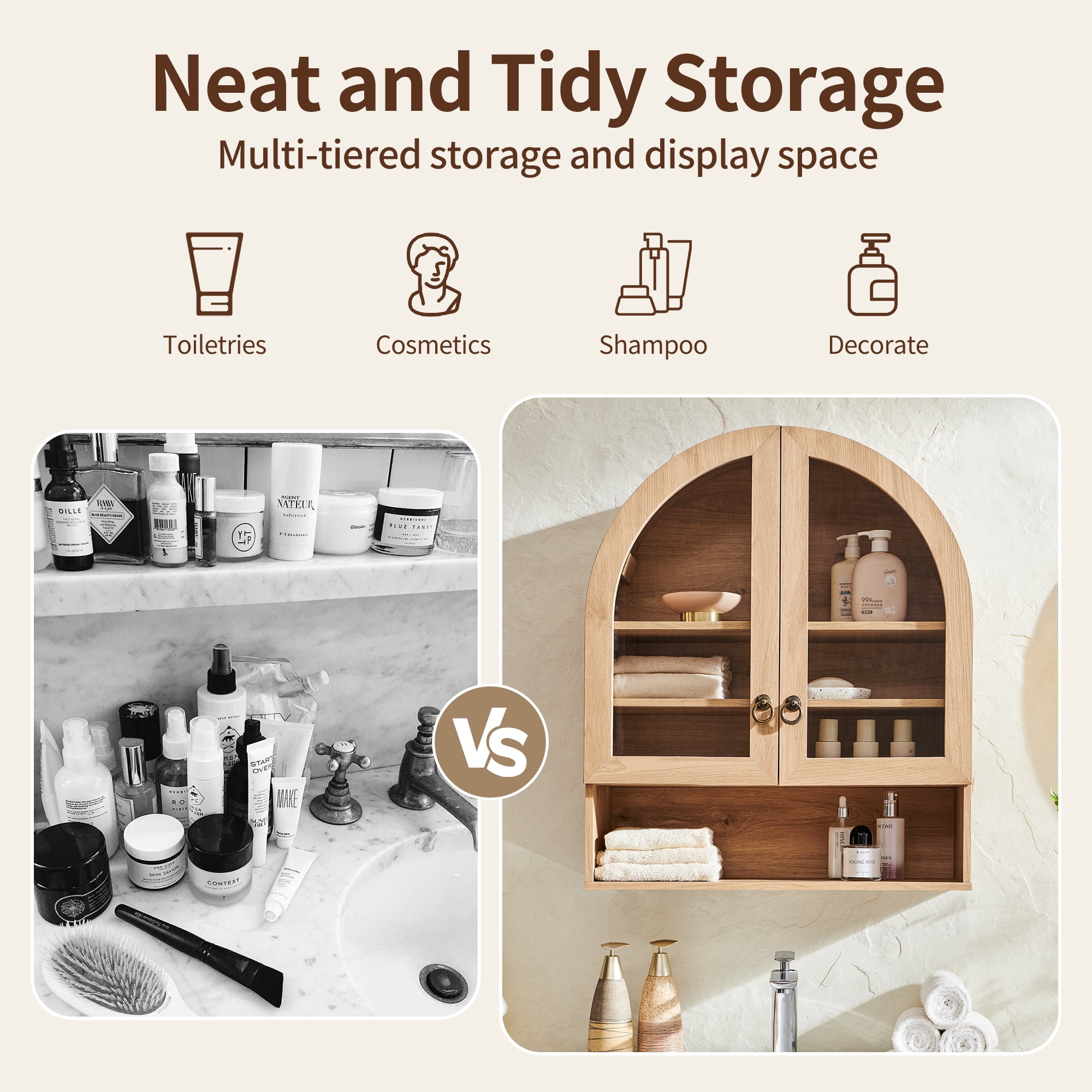 SinCiDo Arched Wall Cabinet with Adjustable Shelves & Glass Doors, Natural