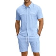 thumbnail image 5 of Men'S Short Sleeve Solid Color Workwear Button Down Shirt With Multiple Pockets And Cargo Shorts Set For Summer Casual Wear,Light Blue,M, 5 of 6