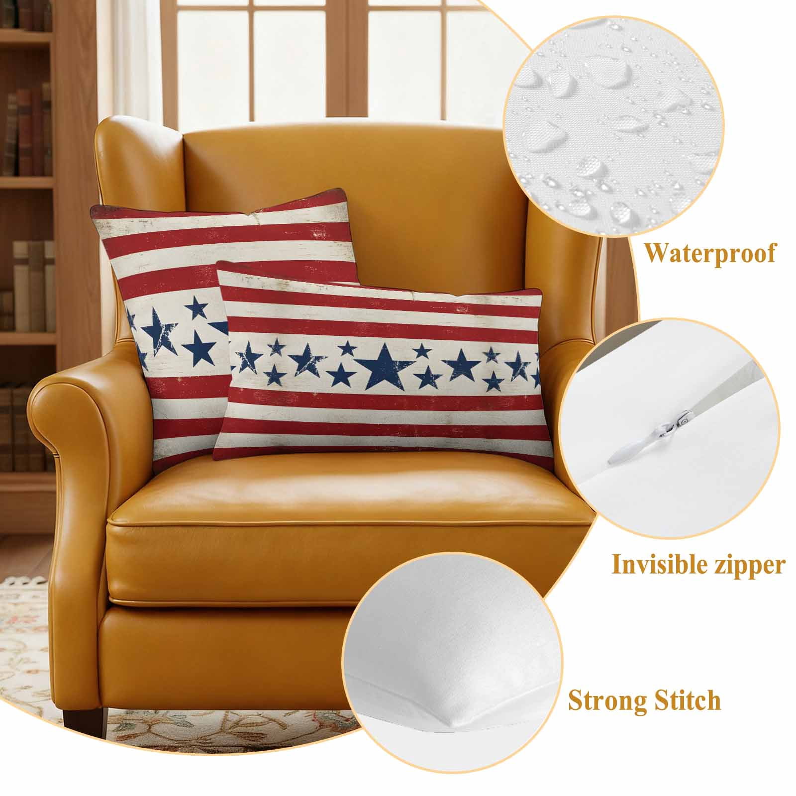 Vintage Stars Independence Day Outdoor Waterproof Pillow Covers, 4th of July Retro Striped Decorative Square Throw Pillowcase Sofa Cushion Sham for Patio/Couch/Chair, 20"x20" 2 Pack