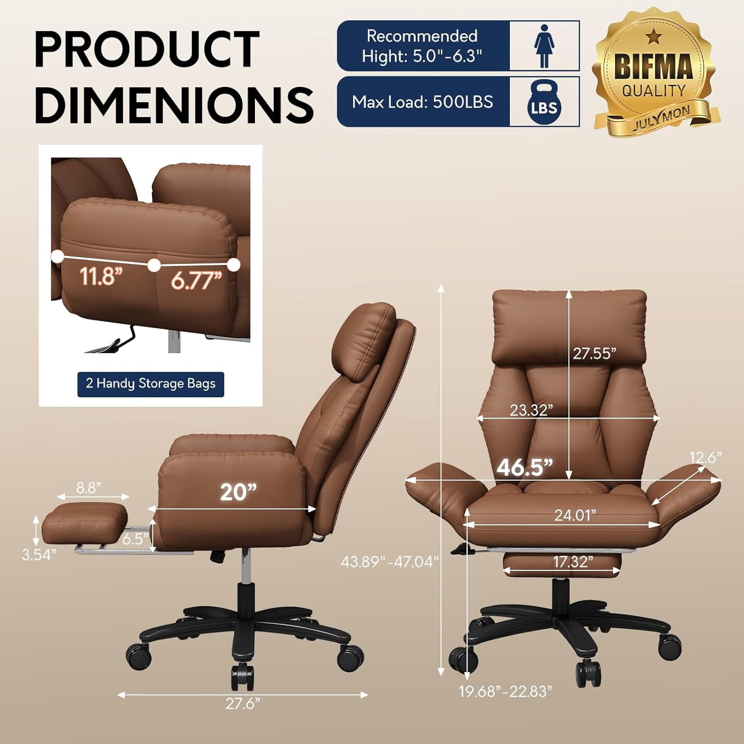 Genpo Criss Cross Desk Chair, Cross Legged Office Chair with Wheels, Brown Leather Big and Tall Reclining Office Chair 500lbs with Foot Rest, Reversible Armrests & Wide Seat