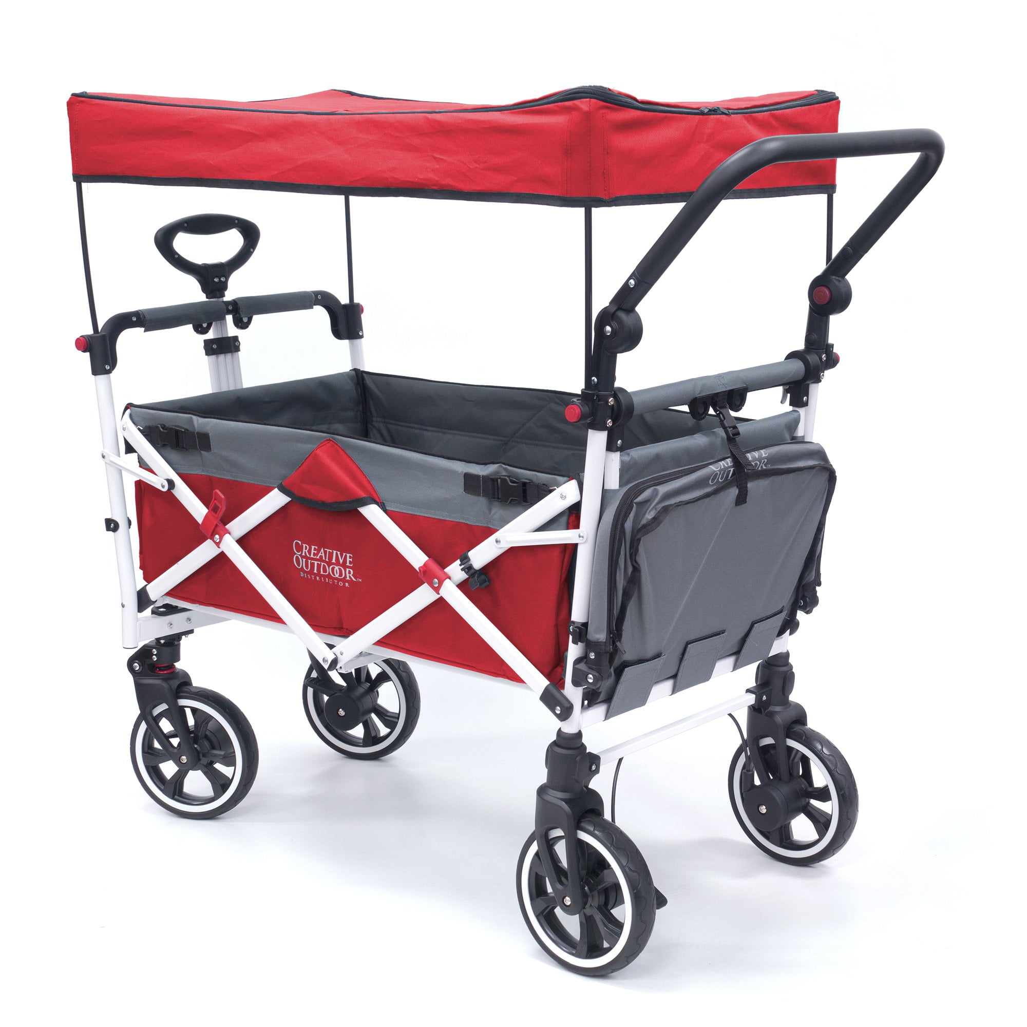 EASY SETUP NO TOOL NECESSARY by WagonBuddy RED PUSH HANDLE AND REAR FOOT BRAKE FOLDING STROLLER WAGON OUTDOOR SPORT COLLAPSIBLE BABY TROLLEY W/ CANOPY GARDEN UTILITY SHOPPING TRAVEL CART