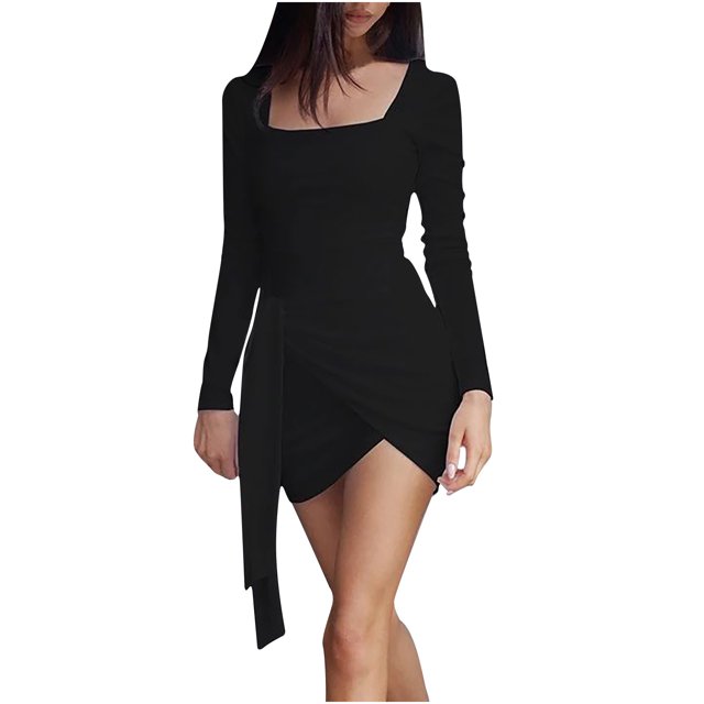 vestido de mujer de manga larga con cuello cuadrado de encaje irregular delgado de color sólido de longitud media fridja nbo3211 Vestido negro de longitud media con cuello cuadrado y mangas largas, corte ajustado y falda irregular con solapa frontal y lazo lateral; poliéster ligero, estilo casual diario ideal para otoño, a menudo usado también como blusa larga para combinar con pantalones.