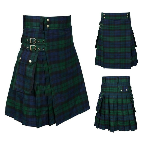 HOWPAY Kilt for Men Traditional Highland Scottish Tartan Utility Kilt with Adjustable Straps and Cargo Pockets Sports Tactical Retro Wear Green L