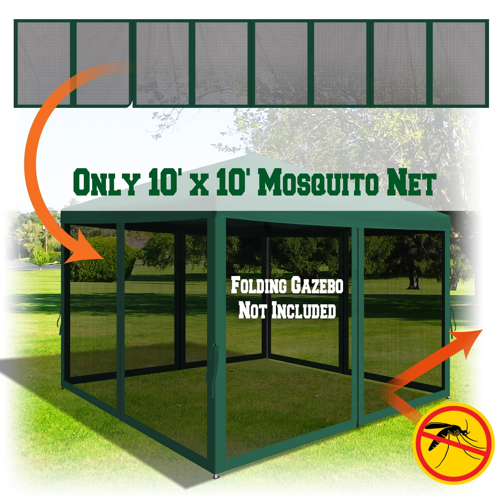 Sunrise 10'Lx6.4'W Replacement Mosquito Netting for 10'x10' Folding Gezebo (Mesh Sidewalls ONLY), w/Zipper, 4 Pack (Green)