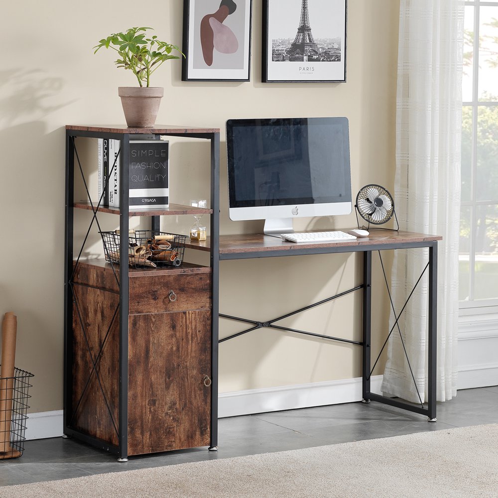 Rectangular Computer Desk with Hutch and Bookshelf, Writing Study
