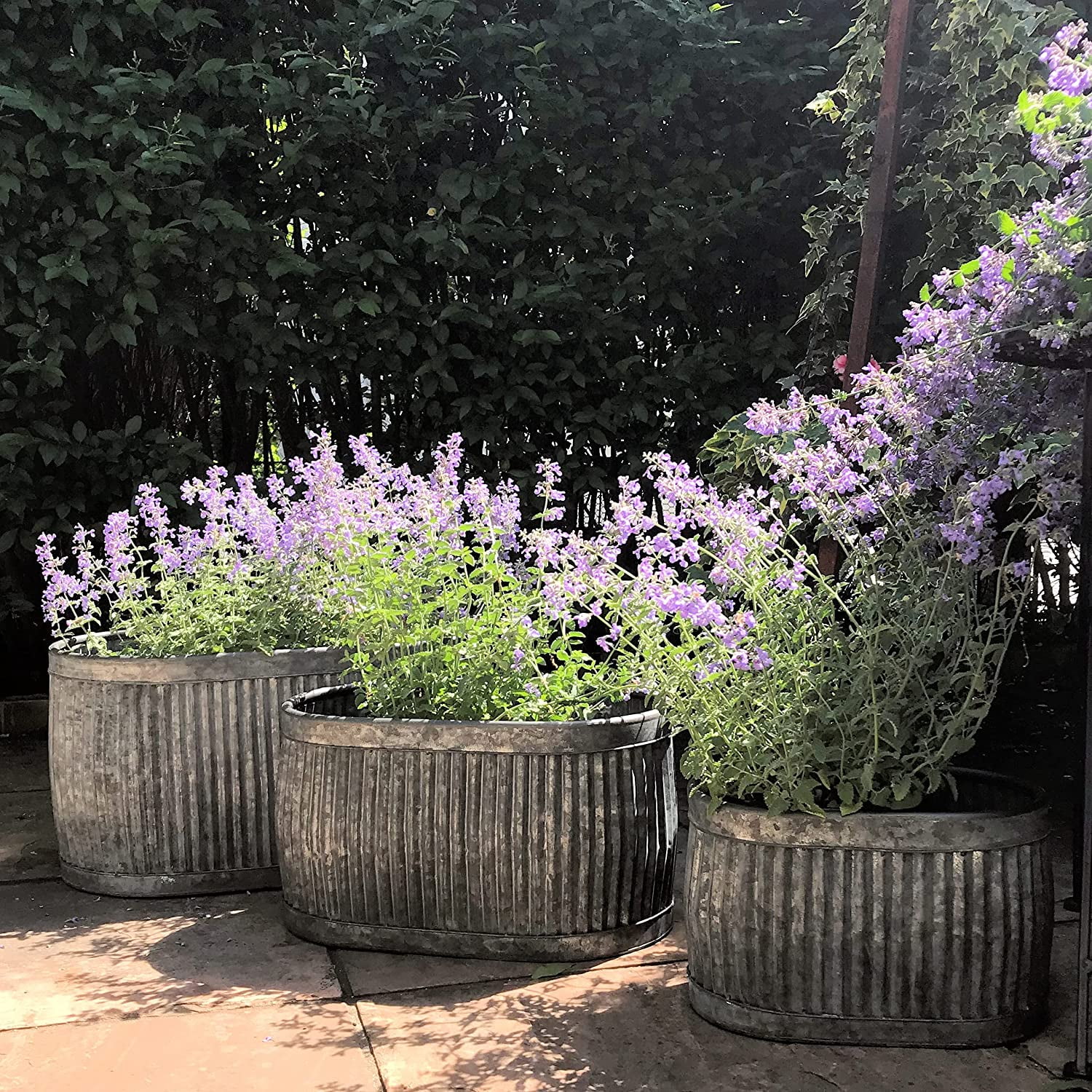 WHW French Country Style Oval Belly Planters, Set of 3, Gray, Galvanized Metal, Corrugated Cache Pots, 24.5, 20 and 14.5 inches