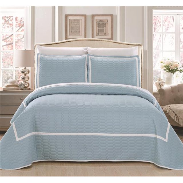 Chic Home QS4317-US 3 Piece Selby Hotel Collection 2 Tone Banded Quilted Geometrical Embroidered King Quilt Set, Blue