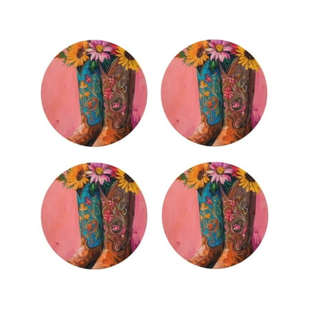 

Fuzoiu Cowboy Boots With Flowers Print Leather Coasters Set Drink Coasters Set of 4 for Tabletop Protection Durable PVC Coasters Home Décor and Housewarming Gift-Round Shape