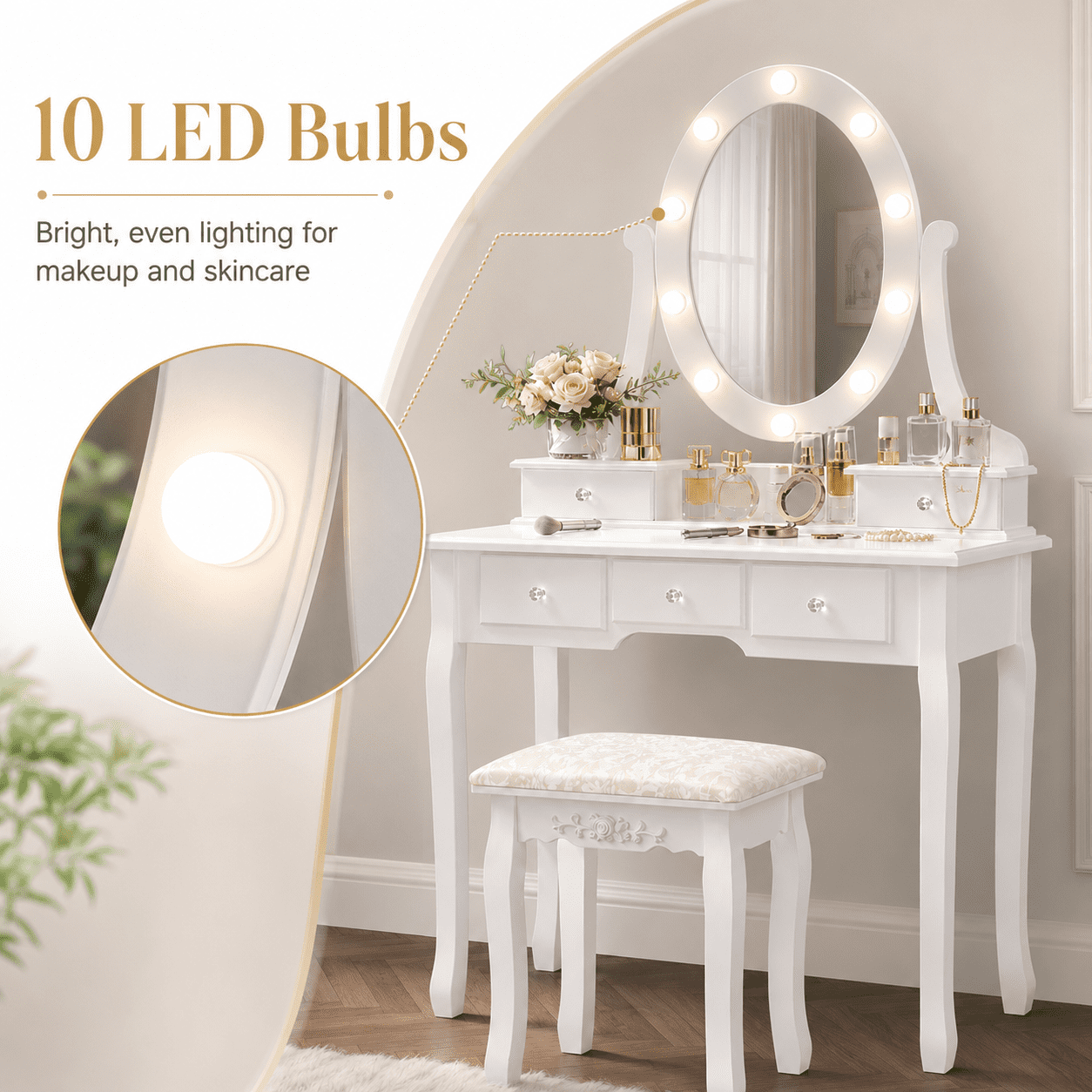 Ktaxon Vanity Table 10 LED Lights, 5 Drawers Makeup Dressing Desk with Cushioned Stool Set,Bedroom Vanities Set White