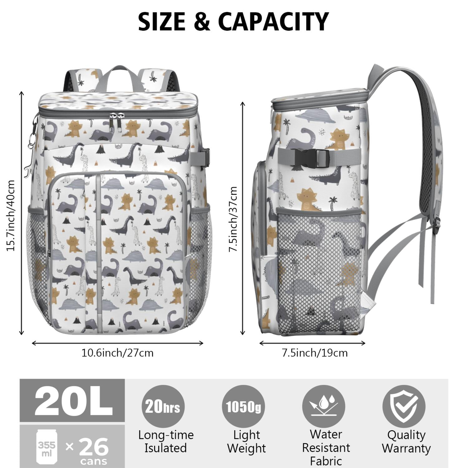 Travel Cooler Bag - Gray Brown Dinosaurs Palms Pattern Camping Beer Cooler Backpack with Bottle Opener- Waterproof Insulated Picnic Backpacks - Cooler Bag for Beach