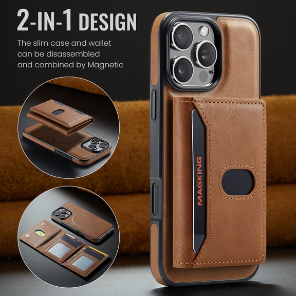 Magnetic Case For iPhone 12 Pro / 12 6.1" with Card Slot RFID Blocking, 2 in 1 Detachable Wallet [Compatible with MagSafe] PU Leather Back Folio Kickstand Shockproof Cover,Brown