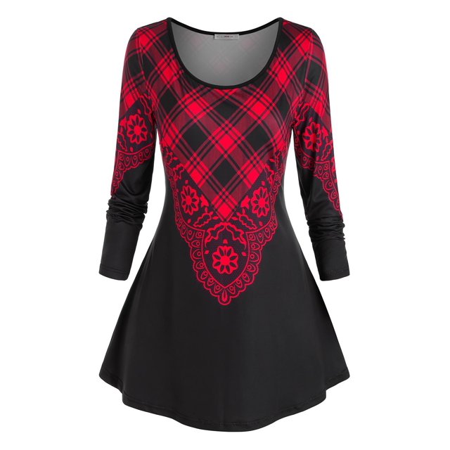 Camiseta de manga larga de impresión a cuadros Rosegal Mangas largas de talla grande