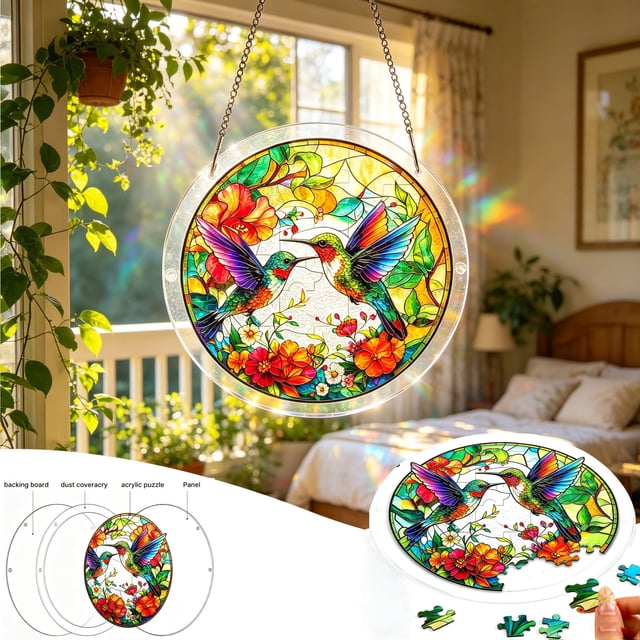 CaiYueKe Acrylic Puzzle Pendant Sunshade Window Hanging Plate Decorative Home Decor Stained Glass Style Window Art for Privacy Sun Protection Indoor Outdoor Window Decor Modern Hanging Ornament