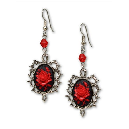 Carved Shell Cameo Earrings - Gothic Red Rose Cameo Earrings Surrounded by Thorns with Red Bead by Real Metal Jewelry