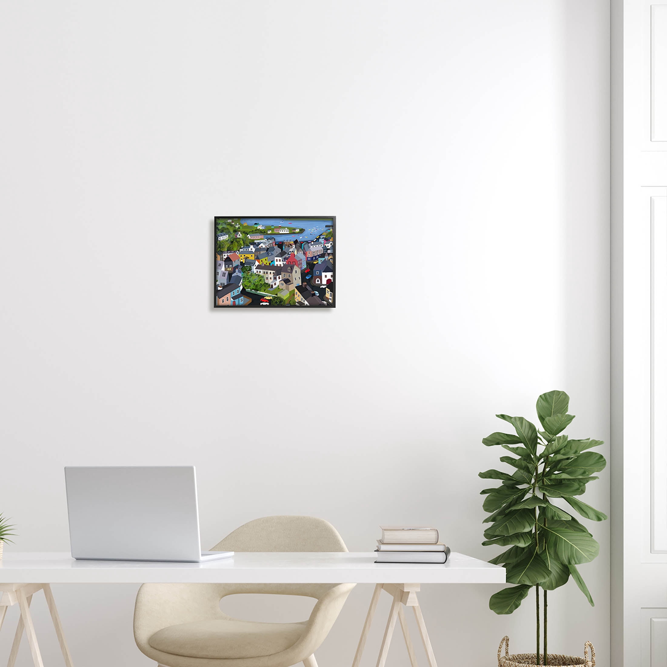 Stupell Industries Neighborhood Houses River Architecture Graphic Art Black Framed Art Print Wall Art, Design by Carla Daly