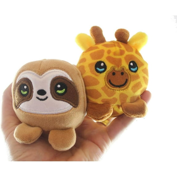 Set of 2 - Giraffe and Sloth - Cute Ball Plush Stuffed Animals- Adorable Mini Plushie Stuffie