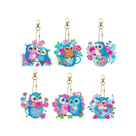 Syntego 6pcs 5D DIY Assorted Owl Diamond Painting Keychains Double Sided Approx 5in x 3in