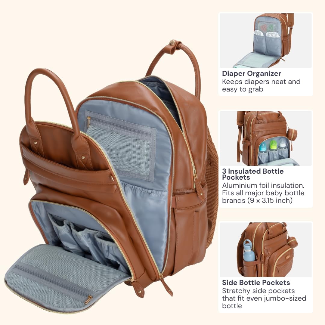 BabbleRoo Diaper Bag Backpack, Multifunction Original Baby Diaper Bag with Insulated Pockets, Vegan leather, Brown