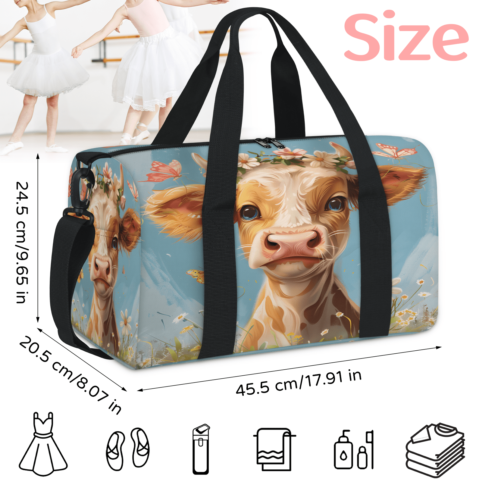 Herdesigns Cattle Cow Travel Duffle Bag Sports Yoga Weekender Overnight Carry on Workout Bags Lightweight Waterproof Gym Tote Bag for Women Watercolor Floral