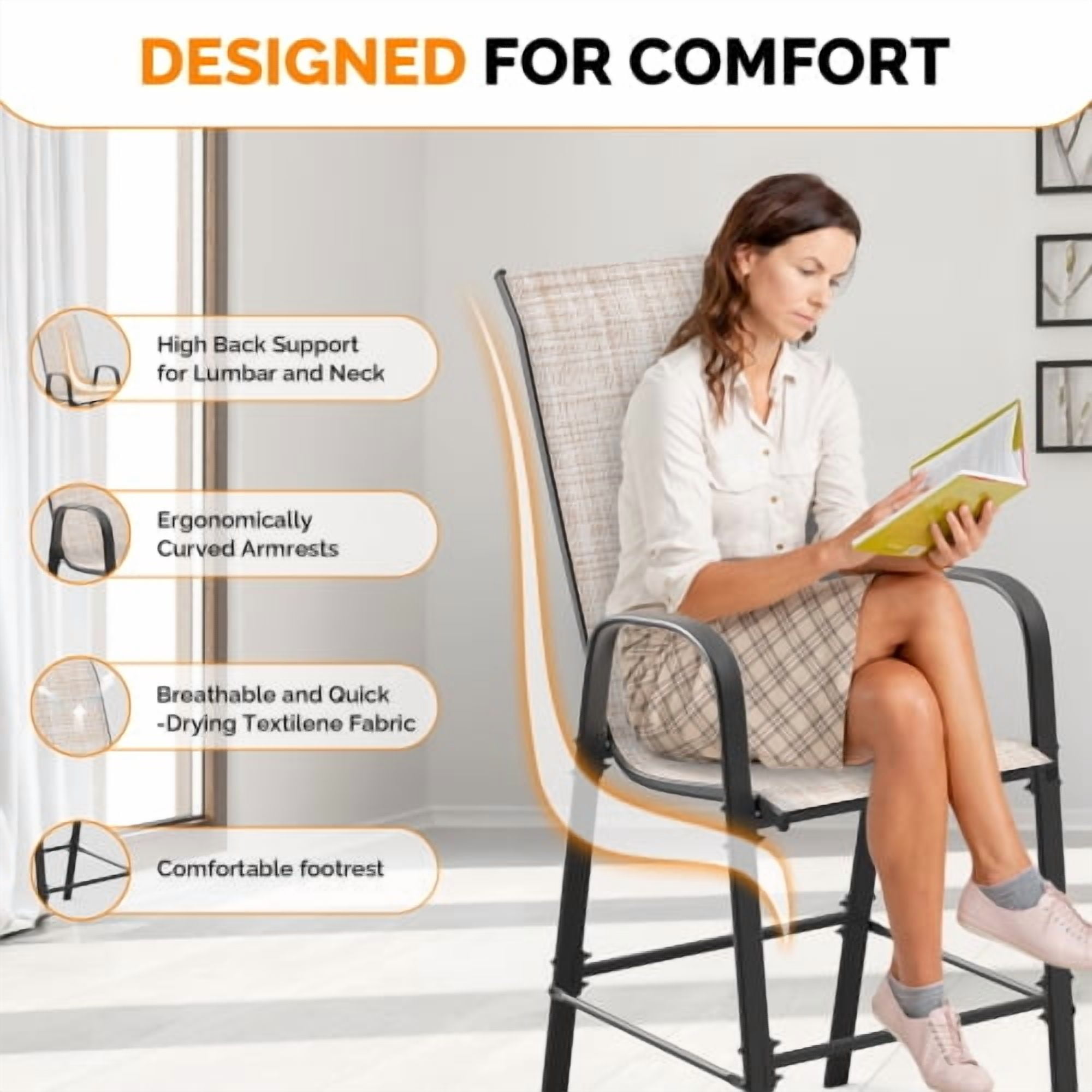 Ktaxon 4Pcs High Patio Outdoor Dining Chairs, Textilene Stackable Armrest Chairs Space Saving for Backyard Porch Garden - Khaki