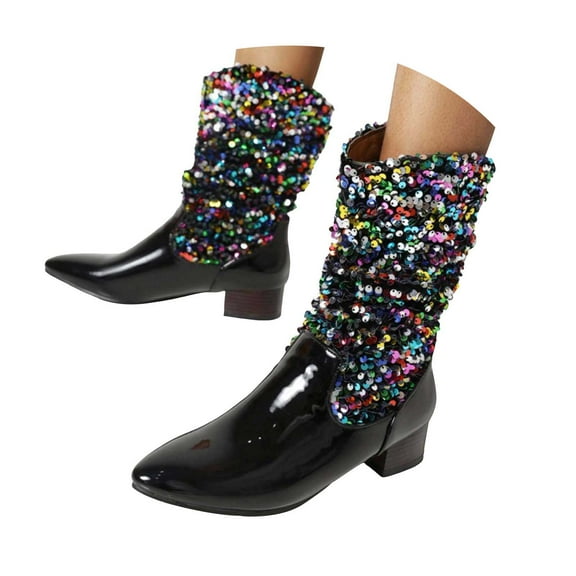 Mostsola Sequin Boots for Women Fashion Glitter Pointed Toe Western Boot Heel Pull on Booties